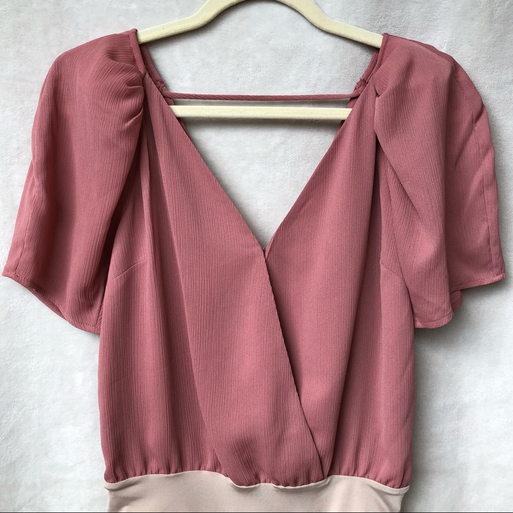 ASTR The Label 🌸 Dark Blush Puff Sleeve V Neck Bodysuit Formal Blouse - XS